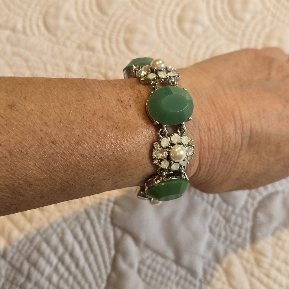 Lia Sophia Bracelet Jade Green, Pearls, Opals. EUC